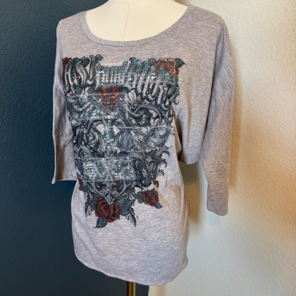 Y2K Grunge Cybercore Crash & Burn Sequin Graphic Dolman Top Size M Grey